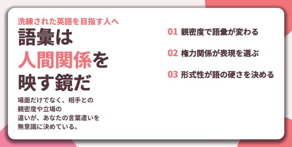 語彙は 人間関係を 映す鏡だ。親密度で語彙が変わる、権力関係が表現を選ぶ、形式性が語の硬さを決める
