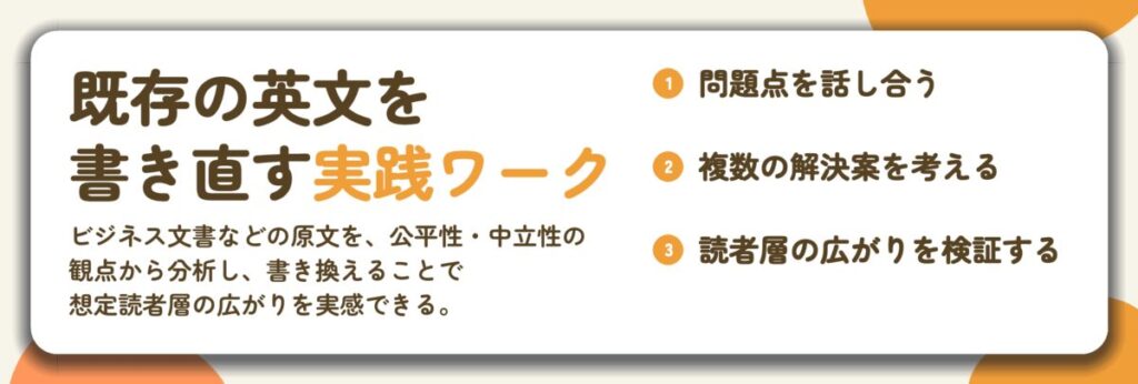 既存の英文を 書き直す実践ワーク。問題点を話し合う、複数の解決案を考える、読者層の広がりを検証する