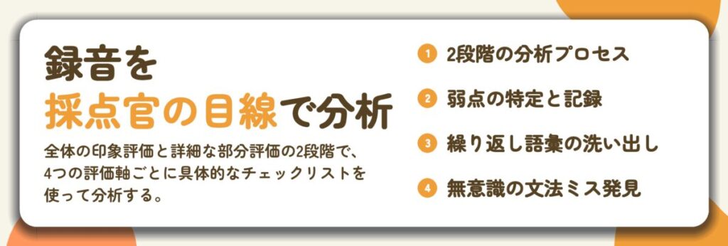 録音を 採点官の目線で分析。2段階の分析プロセス、弱点の特定と記録、繰り返し語彙の洗い出し、無意識の文法ミス発見