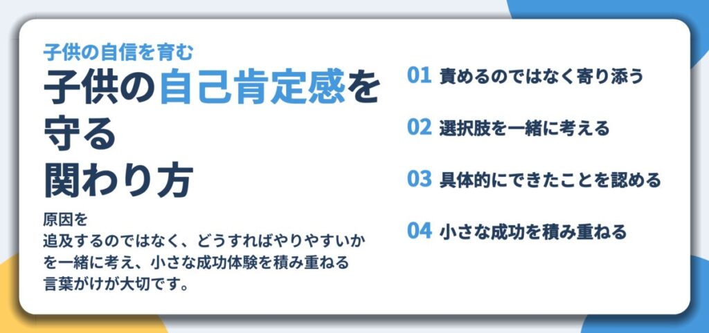 子供の自己肯定感を 守る 関わり方。責めるのではなく寄り添う、選択肢を一緒に考える、具体的にできたことを認める、小さな成功を積み重ねる