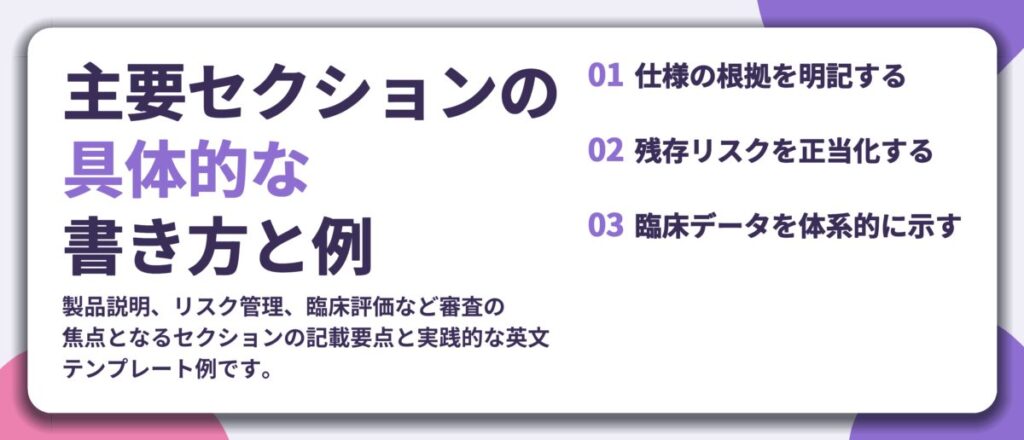 主要セクションの 具体的な 書き方と例。仕様の根拠を明記する、残存リスクを正当化する、臨床データを体系的に示す