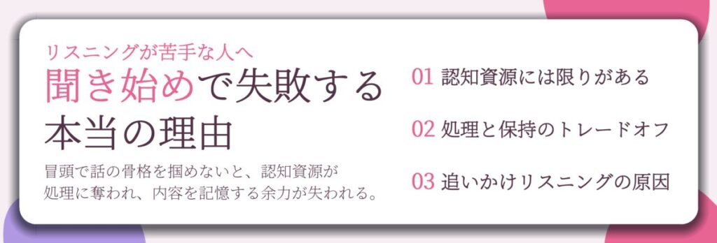 聞き始めで失敗する 本当の理由。認知資源には限りがある、処理と保持のトレードオフ、追いかけリスニングの原因