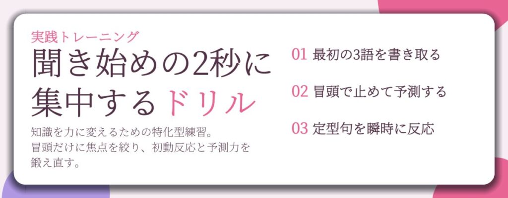 聞き始めの2秒に 集中するドリル。最初の3語を書き取る、冒頭で止めて予測する、定型句を瞬時に反応