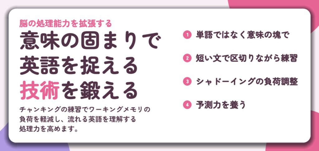 意味の固まりで 英語を捉える 技術を鍛える。単語ではなく意味の塊で、短い文で区切りながら練習、シャドーイングの負荷調整、予測力を養う