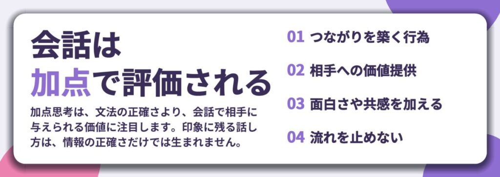 会話は 加点で評価される。つながりを築く行為、相手への価値提供、面白さや共感を加える、流れを止めない