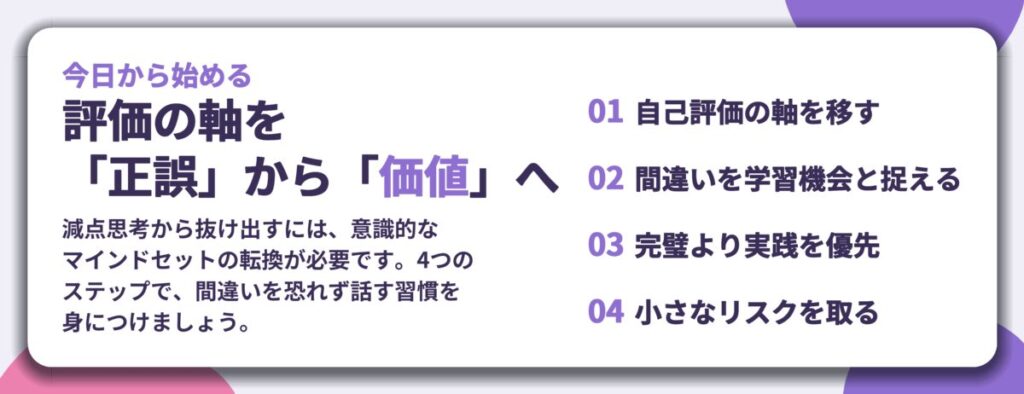 評価の軸を 「正誤」から「価値」へ。自己評価の軸を移す、間違いを学習機会と捉える、完璧より実践を優先、小さなリスクを取る