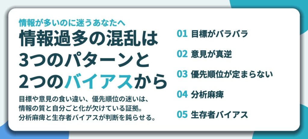 情報過多の混乱は 3つのパターンと 2つのバイアスから。目標がバラバラ、意見が真逆、優先順位が定まらない、分析麻痺、生存者バイアス