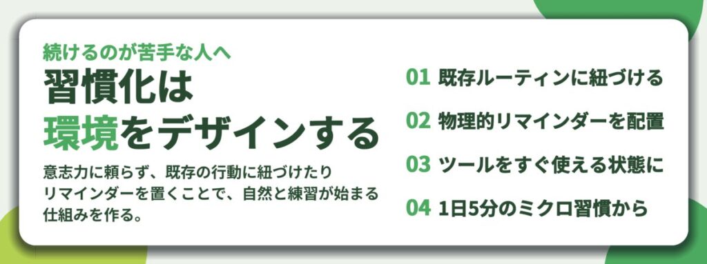 習慣化は 環境をデザインする。既存ルーティンに紐づける、物理的リマインダーを配置、ツールをすぐ使える状態に、1日5分のミクロ習慣から
