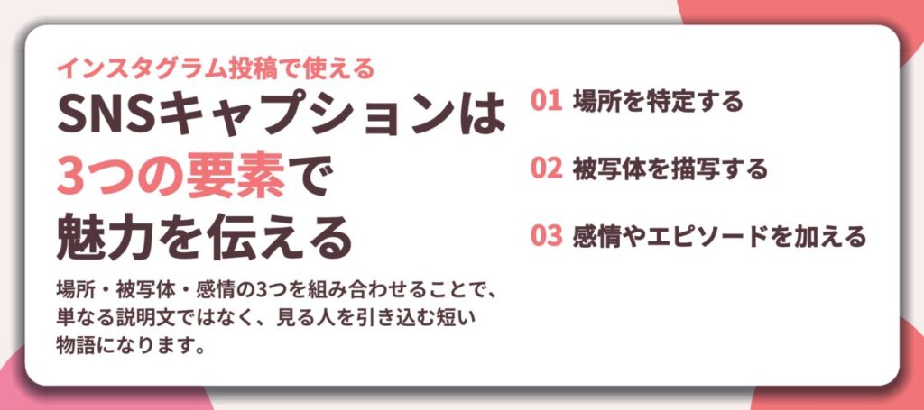 SNSキャプションは 3つの要素で 魅力を伝える。場所を特定する、被写体を描写する、感情やエピソードを加える