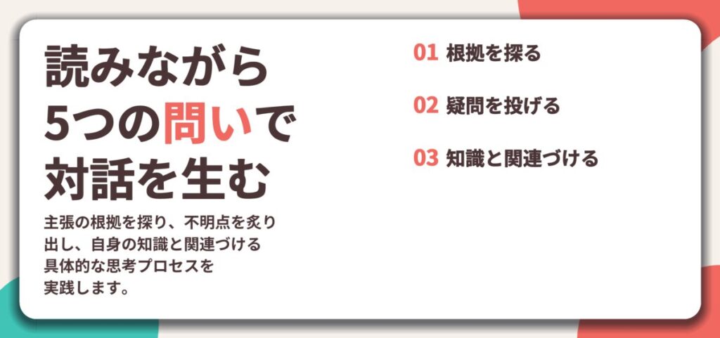 読みながら 5つの問いで 対話を生む。根拠を探る、疑問を投げる、知識と関連づける