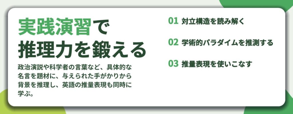 実践演習で 推理力を鍛える。対立構造を読み解く、学術的パラダイムを推測する、推量表現を使いこなす