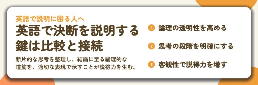 英語で決断を説明する 鍵は比較と接続。論理の透明性を高める、思考の段階を明確にする、客観性で説得力を増す