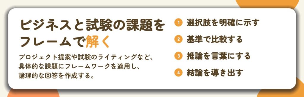 ビジネスと試験の課題を フレームで解く。選択肢を明確に示す、基準で比較する、推論を言葉にする、結論を導き出す