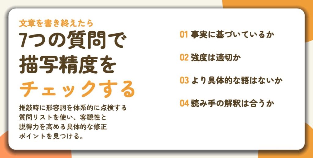 7つの質問で 描写精度を チェックする。事実に基づいているか、強度は適切か、より具体的な語はないか、読み手の解釈は合うか