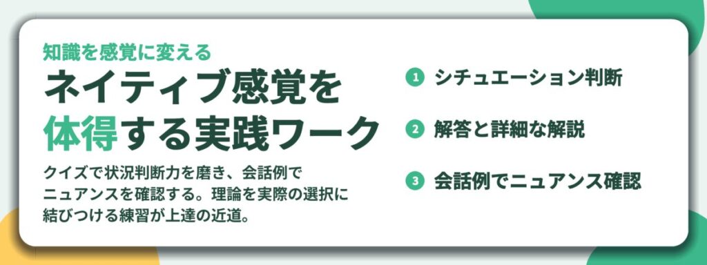 ネイティブ感覚を 体得する実践ワーク。シチュエーション判断、解答と詳細な解説、会話例でニュアンス確認