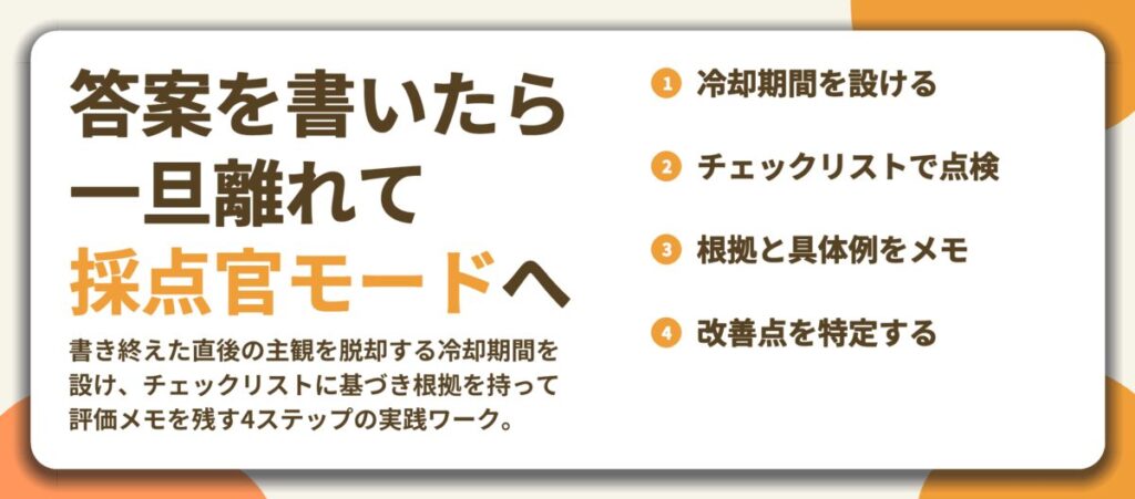 答案を書いたら 一旦離れて 採点官モードへ。冷却期間を設ける、チェックリストで点検、根拠と具体例をメモ、改善点を特定する