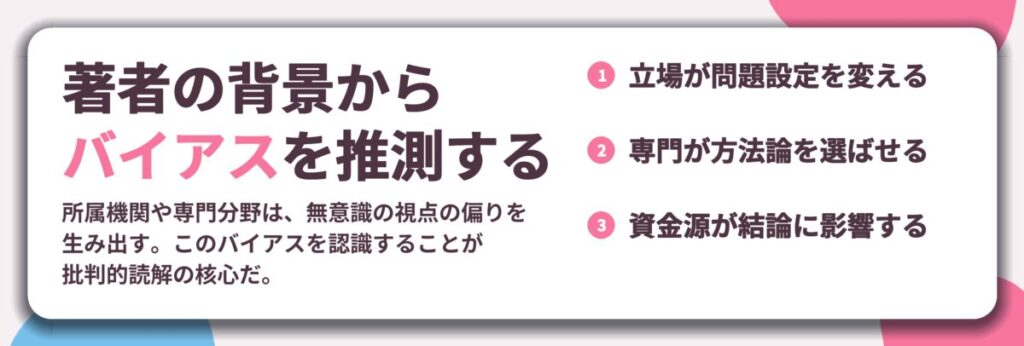 著者の背景から バイアスを推測する。立場が問題設定を変える、専門が方法論を選ばせる、資金源が結論に影響する