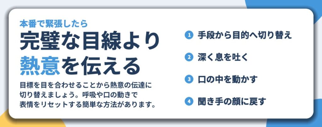 完璧な目線より 熱意を伝える。手段から目的へ切り替え、深く息を吐く、口の中を動かす、聞き手の顔に戻す