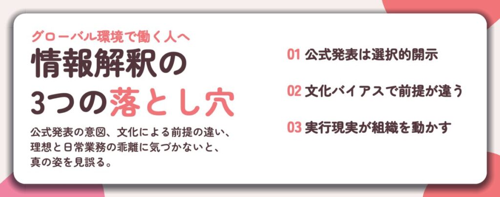 情報解釈の 3つの落とし穴。公式発表は選択的開示、文化バイアスで前提が違う、実行現実が組織を動かす
