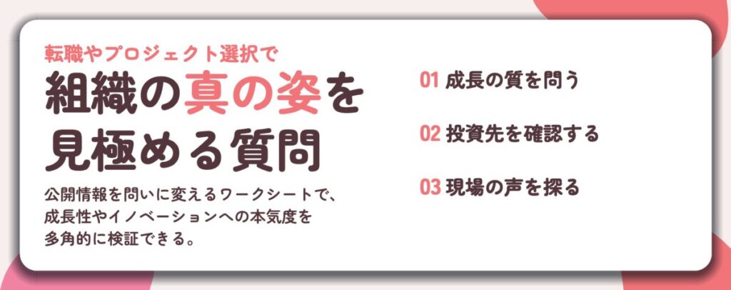 組織の真の姿を 見極める質問。成長の質を問う、投資先を確認する、現場の声を探る