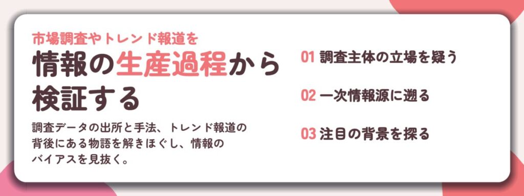 情報の生産過程から 検証する。調査主体の立場を疑う、一次情報源に遡る、注目の背景を探る