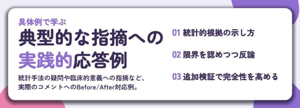 典型的な指摘への 実践的応答例。統計的根拠の示し方、限界を認めつつ反論、追加検証で完全性を高める