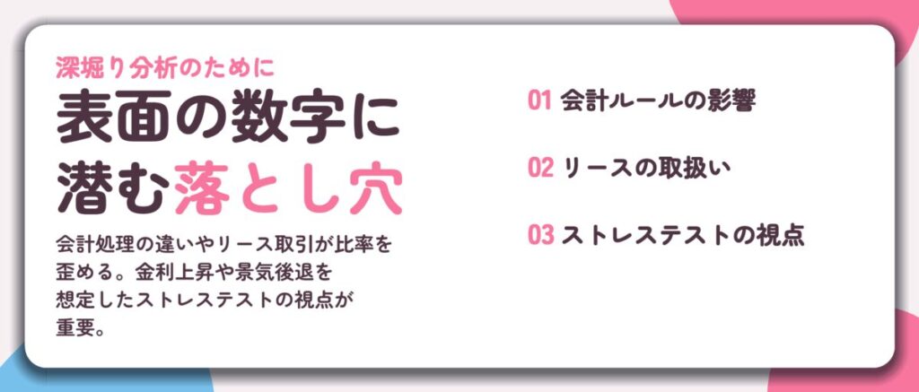表面の数字に 潜む落とし穴。会計ルールの影響、リースの取扱い、ストレステストの視点