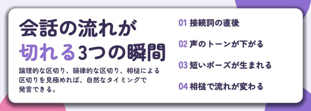 会話の流れが 切れる3つの瞬間。接続詞の直後、声のトーンが下がる、短いポーズが生まれる、相槌で流れが変わる