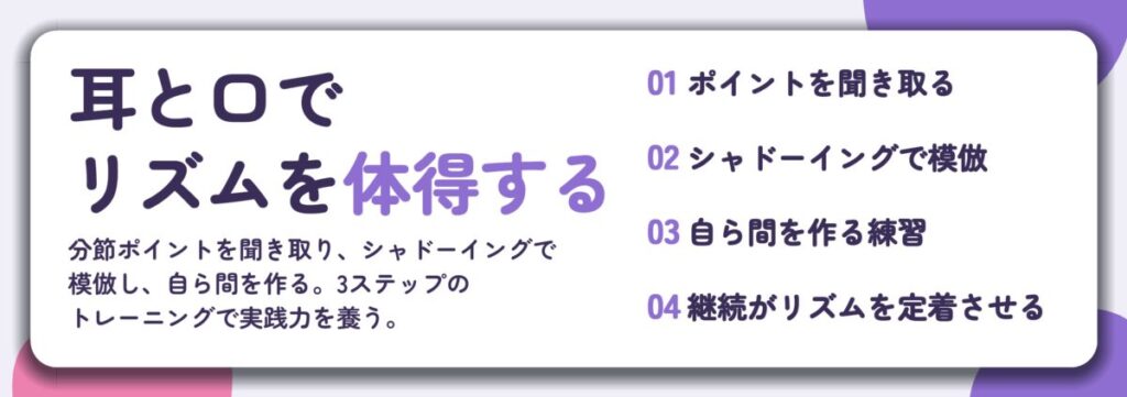 耳と口で リズムを体得する。ポイントを聞き取る、シャドーイングで模倣、自ら間を作る練習、継続がリズムを定着させる