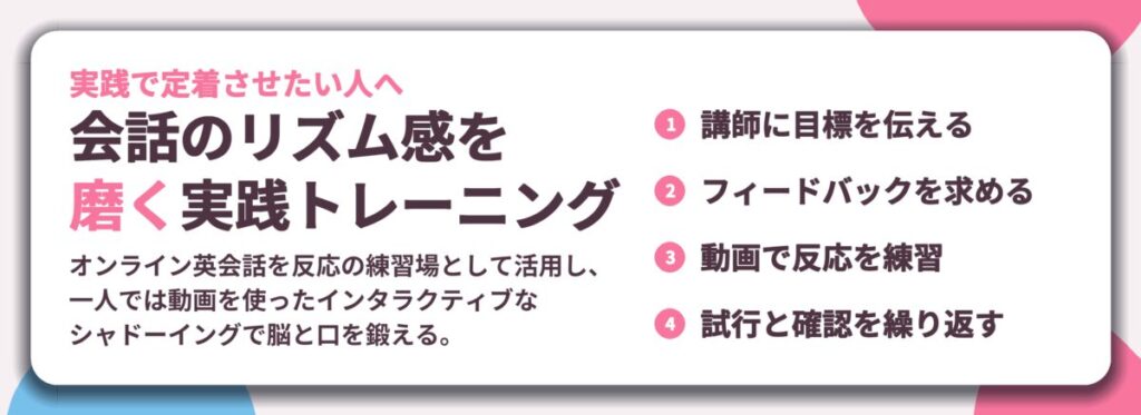 会話のリズム感を 磨く実践トレーニング。講師に目標を伝える、フィードバックを求める、動画で反応を練習、試行と確認を繰り返す