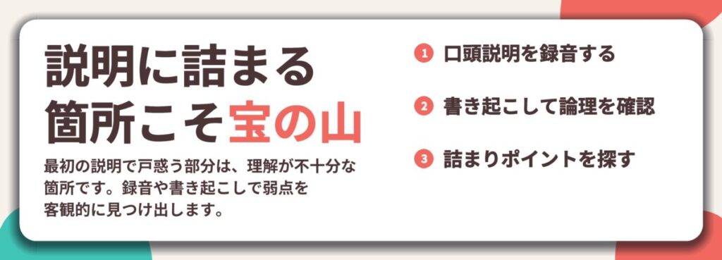 説明に詰まる 箇所こそ宝の山。口頭説明を録音する、書き起こして論理を確認、詰まりポイントを探す