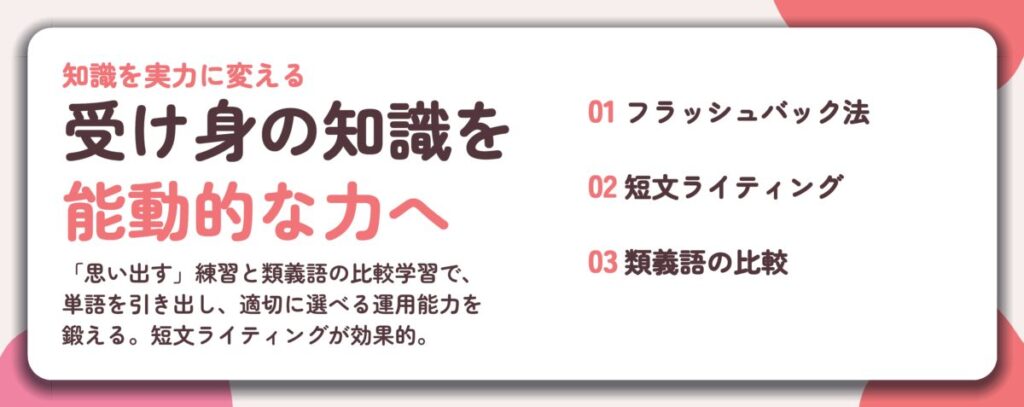 受け身の知識を 能動的な力へ。フラッシュバック法、短文ライティング、類義語の比較