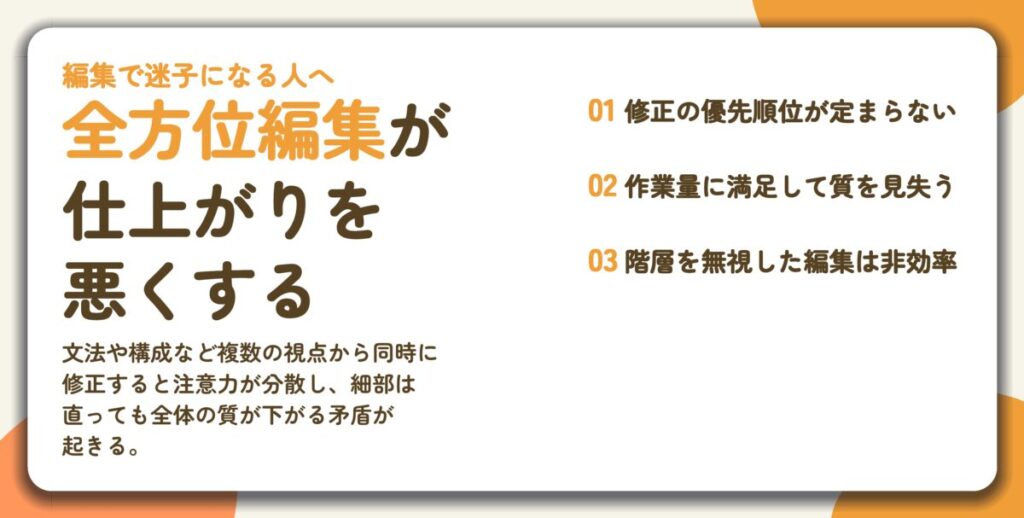全方位編集が 仕上がりを 悪くする。修正の優先順位が定まらない、作業量に満足して質を見失う、階層を無視した編集は非効率