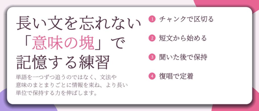 長い文を忘れない 「意味の塊」で 記憶する練習。チャンクで区切る、短文から始める、聞いた後で保持、復唱で定着