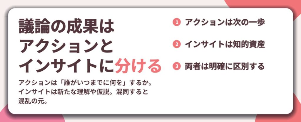 議論の成果は アクションと インサイトに分ける。アクションは次の一歩、インサイトは知的資産、両者は明確に区別する
