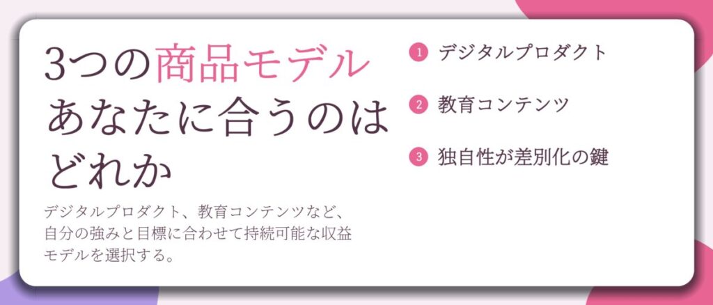 3つの商品モデル あなたに合うのは どれか。デジタルプロダクト、教育コンテンツ、独自性が差別化の鍵