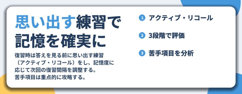 思い出す練習で 記憶を確実に。アクティブ・リコール、3段階で評価、苦手項目を分析