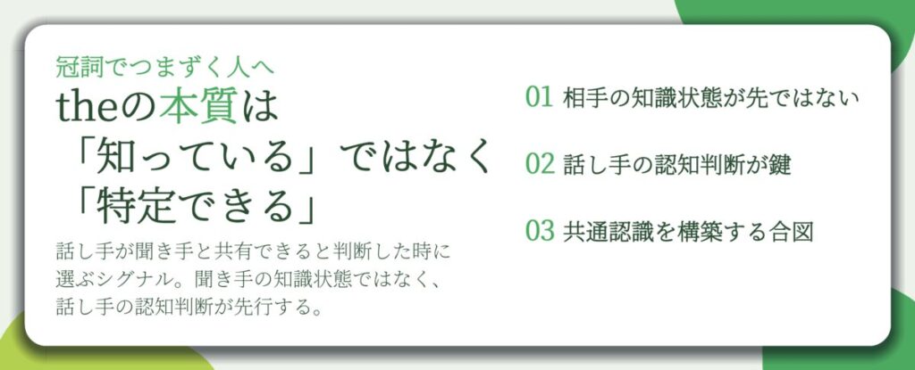 theの本質は 「知っている」ではなく 「特定できる」。相手の知識状態が先ではない、話し手の認知判断が鍵、共通認識を構築する合図