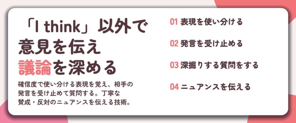 「I think」以外で 意見を伝え 議論を深める。表現を使い分ける、発言を受け止める、深掘りする質問をする、ニュアンスを伝える