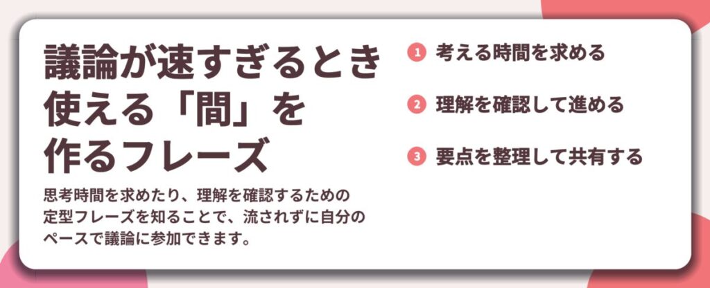議論が速すぎるとき 使える「間」を 作るフレーズ。考える時間を求める、理解を確認して進める、要点を整理して共有する