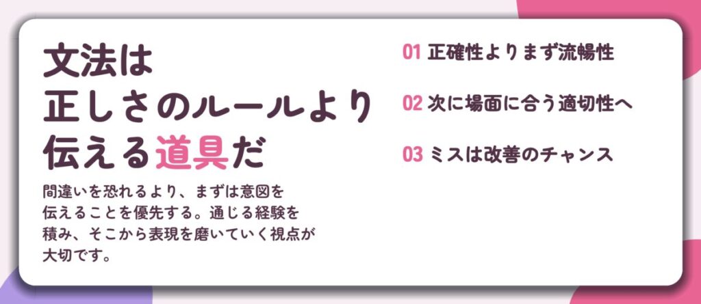 文法は 正しさのルールより 伝える道具だ。正確性よりまず流暢性、次に場面に合う適切性へ、ミスは改善のチャンス