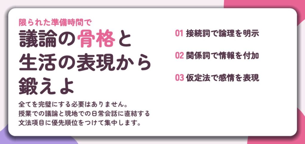 議論の骨格と 生活の表現から 鍛えよ。接続詞で論理を明示、関係詞で情報を付加、仮定法で感情を表現