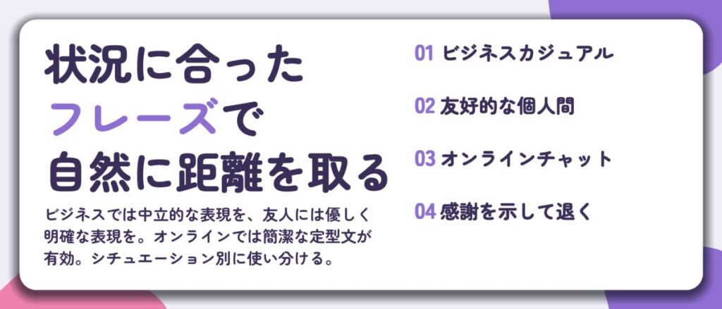 状況に合った フレーズで 自然に距離を取る。ビジネスカジュアル、友好的な個人間、オンラインチャット、感謝を示して退く