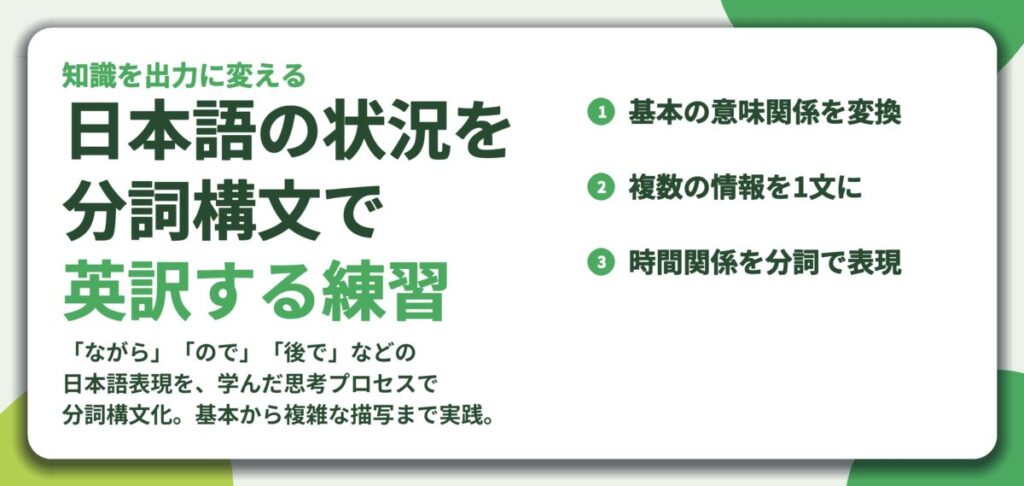 日本語の状況を 分詞構文で 英訳する練習。基本の意味関係を変換、複数の情報を1文に、時間関係を分詞で表現