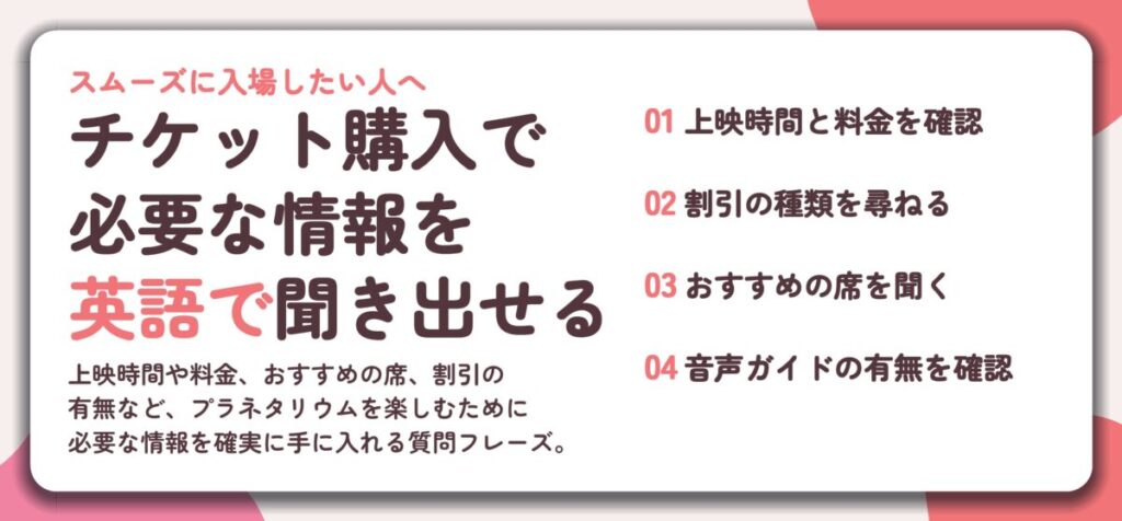 チケット購入で 必要な情報を 英語で聞き出せる。上映時間と料金を確認、割引の種類を尋ねる、おすすめの席を聞く、音声ガイドの有無を確認