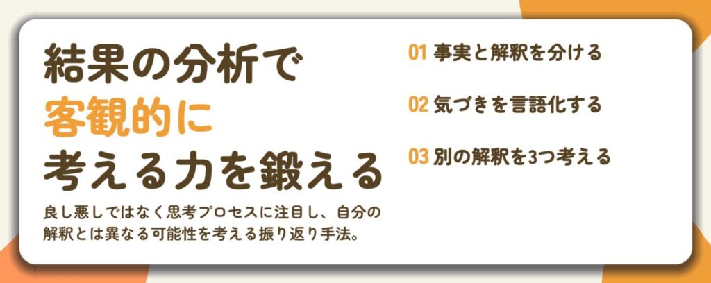 結果の分析で 客観的に 考える力を鍛える。事実と解釈を分ける、気づきを言語化する、別の解釈を3つ考える
