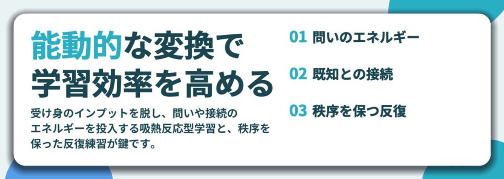 能動的な変換で 学習効率を高める。問いのエネルギー、既知との接続、秩序を保つ反復